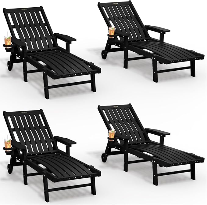 Patio Chaise Lounge Chair Set of 4, Oversized Lounge Chair Outdoor with 5 Positions, HDPE, Patio Lounge Chair with Wheels & Cup Holder for Pool, Deck, Poolside,Black