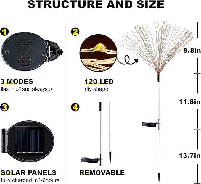 YOTOZU 2 PCS Solar Firework Light, Outdoor Solar Garden Decorative Lights 120 LED Powered 40 Copper Wires String DIY Landscape Light for Pathway (Multi-Color)
