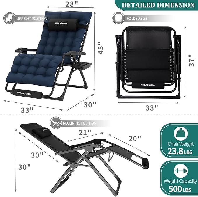 UDPATIO Oversized Zero Gravity Chair Set of 2, 33In XXL Patio Reclining Chair with Cushion, Outdoor Folding Recliner with Pillows|Cup Holder|Foot Rest|Padded Headrest, Navy Blue, Support 500LB