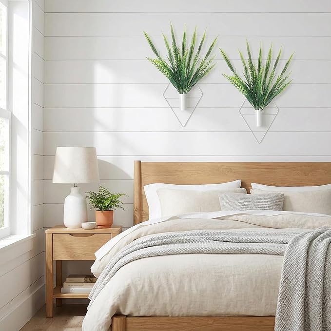 2 Pieces Wall Decor Hanging Planters with Artificial Plants Metal Hanging Vase Indoor Plants Holder Modern Boho Wall Art for Bathroom Bedroom Living Room Decor(White,Boston Fern)