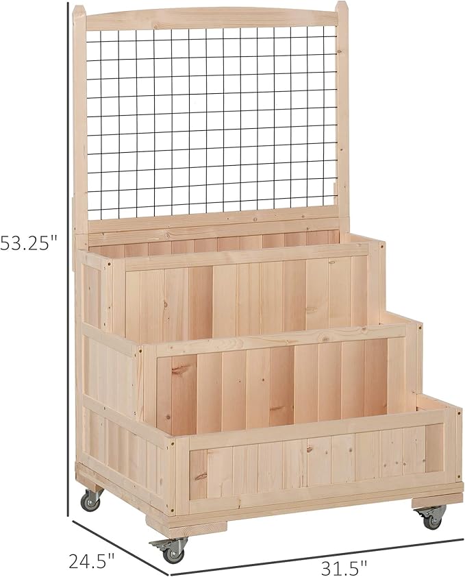 Outsunny 3-Tiers Raised Garden Bed with Trellis, 53" H Vertical Planter Box with Wheels & Back Storage Area, for Flowers, Vegetables, Herbs, Natural