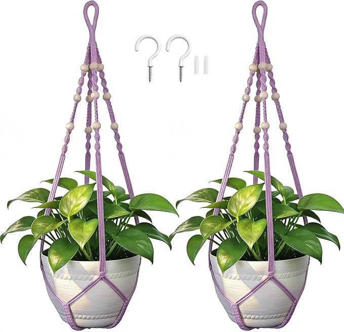 Macrame Plant Hanger, Up to 4-15 inch Pots, Wood Beads Cotton Hanging Planter Holder for Indoor Outdoor Boho Home Decor, 35 Inch, Set of 2 (Purple)