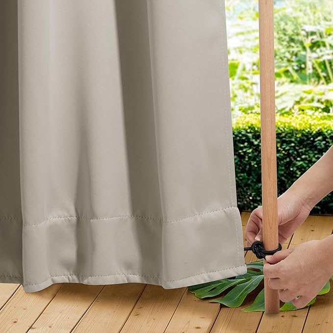 NICETOWN 2 Panels Outdoor Curtains for Patio Extra Wide 84", Waterproof & Windproof Grommet & Back Tab Fixed Top and Bottom Sun Blocking Privacy Drapes with Rope for Gazebo, Natural, W84 x L95