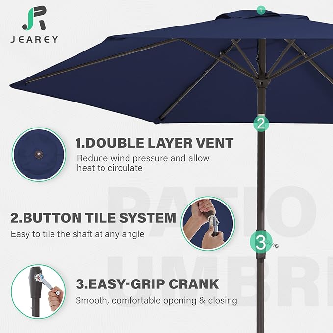 JEAREY 7.5FT Patio Umbrella Outdoor Market Umbrella with 6 Sturdy Ribs, Push Button Tilt/Crank Table Umbrella for Garden, Deck, Backyard and Pool, Navy