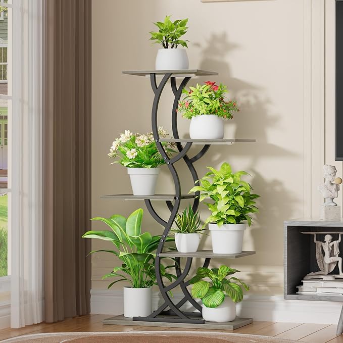 Plant Stand Indoor with Grow Lights - 44" Tall Corner Plant Stands for Indoor Plants, 5 Tiered Metal Plant Shelf, Curved Plant Flower Holder Dispaly Rack for Living Room, Home Patio Balcony (Gray)