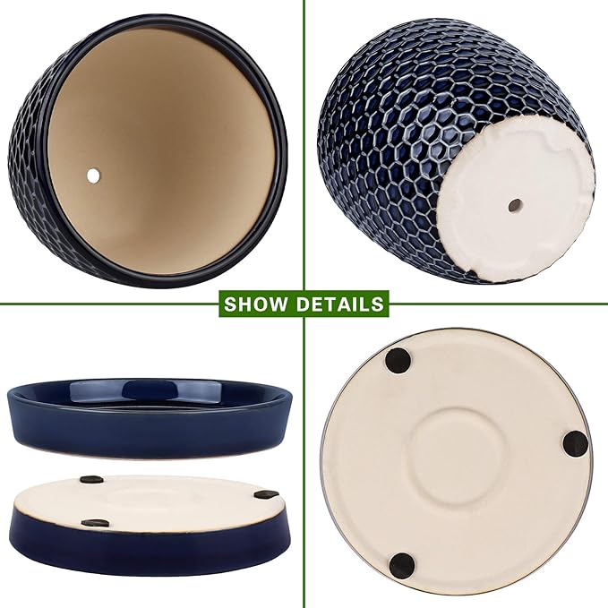 Docrin Blue Honeycomb Ceramic Plant Pot Set - 6.6"+5.5" Inch, Modern Decorative Planters with Drainage Holes & Saucers for Indoor/Outdoor Home Office