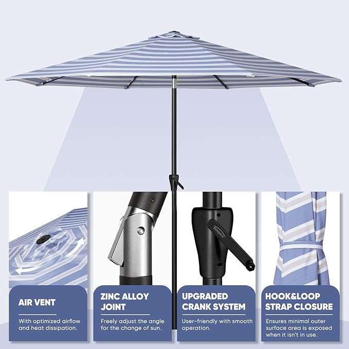Tempera Patio Market Outdoor Table Umbrella with Auto Tilt and Crank, Large Sun Umbrella with Sturdy Pole & Fade Resistant Canopy, Easy to Set