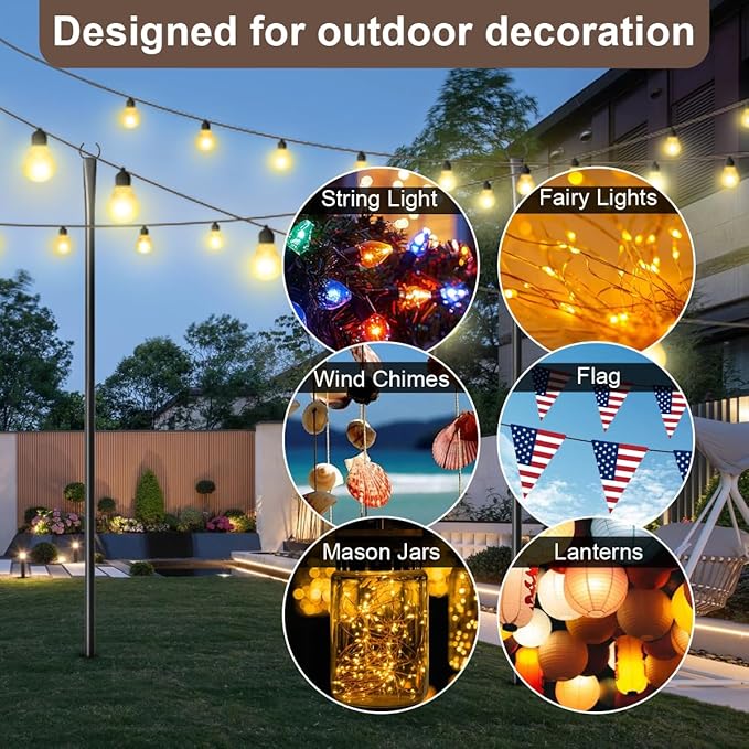 2 Pack 10FT Lighting Hanging Pole for Outside, Waterproof Hardened Metal Outdoor String Light Poles for Patio, Garden, Bistro, Wedding, Parties