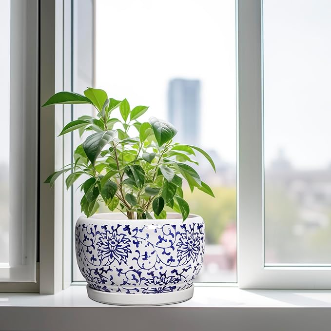 SQOWL Ceramic Pots for Plants - 10 Inch Ceramic Flower Pots with Drainage Hole and Saucer, Round Large Planter Indoor, Decorative Porcelain Planter Outdoor, Home Decor, Birthday Gifts, Blue and White