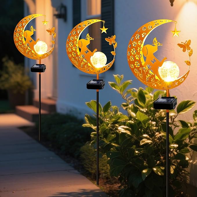 YJFWAL Garden Solar Dog Lights Pathway Stake Lights Glass Globe with Moon Cat Decor, Christmas Gift for Mom Grandma Friends, Outdoor Decor Light Waterproof for Walkway, Patio or Garden (Warm White)