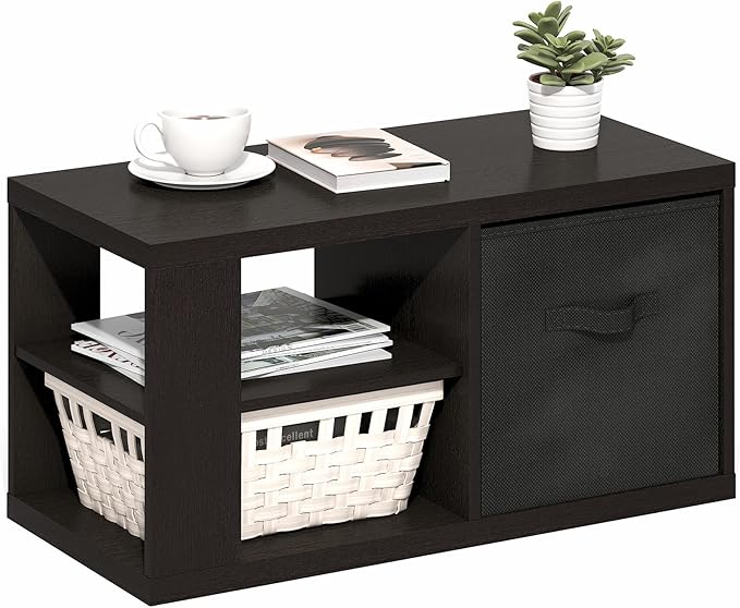 Furinno Viola Coffee Table, 3-Tier Modern Coffee Table with 1.2 Thick Tabletop, Side Table with Open Shelf and Storage Bin, for Living Room, Bedroom, Home Office, Dark Oak