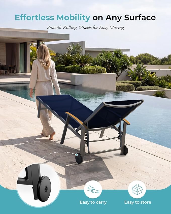 Ciokea Outdoor Lounge Chair with Pillow, 5-Position Aluminum Chaise Lounge with Wheels & Armrests, 400 lbs Heavy Duty Patio Pool Chair for Deck, Backyard, Beach & Poolside, Navy Blue