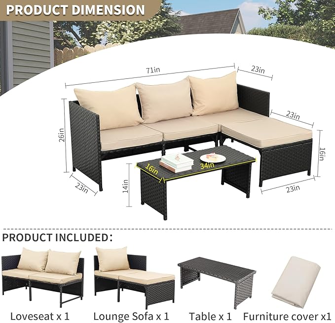 Valita 3-Piece Outdoor PE Rattan Furniture Set Patio Black Wicker Conversation Loveseat Sofa Sectional Couch Khaki Cushion