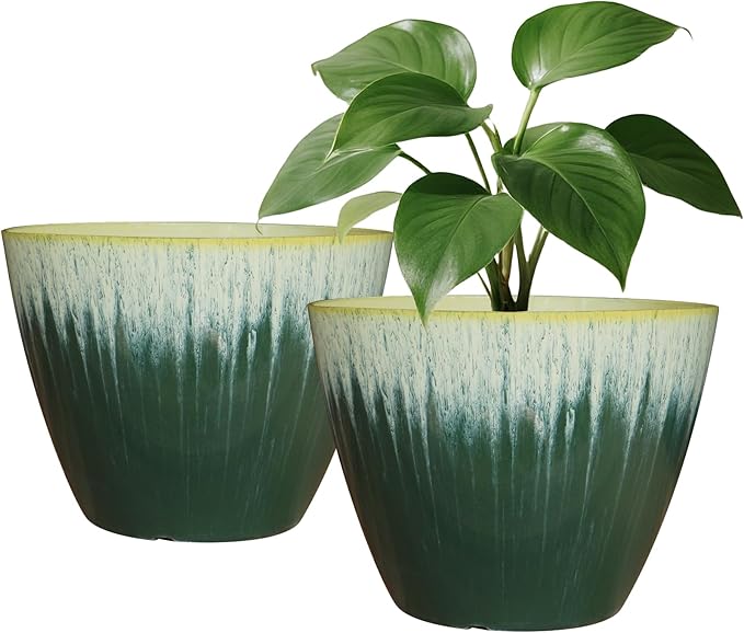 Pack of 2 Flower Pots, Plastic Plant Pots with Drainage Holes, 8 inch Modern Glossy Finishing Planter for Indoor Outdoor Plants (Green Glaze, 2 Pack)