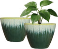 Pack of 2 Flower Pots, Plastic Plant Pots with Drainage Holes, 8 inch Modern Glossy Finishing Planter for Indoor Outdoor Plants (Green Glaze, 2 Pack)