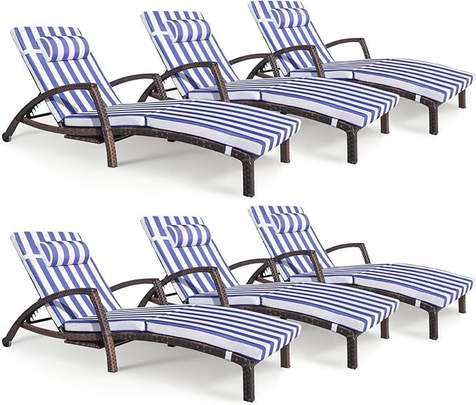 Chaise Lounge Chairs Outdoor Set of 6, Comfy Outside Wicker Patio Pool Lounge Chair w/ 5 Adjustable Back Angle, Cup Holder, Thicken Cushion