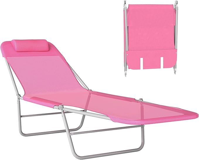 Outsunny Folding Chaise Lounge Chair, Pool Sun Tanning Chair, Outdoor Lounge Chair with Reclining Back, Breathable Mesh Seat, Headrest for Beach, Yard, Patio, Pink