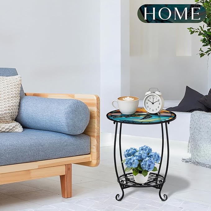 Outdoor Side Table Round Small Mosaic Patio Accent Indoor End Plant Coffee Tea Table for Yard Patio Porch Garden Living Room, Bedroom(Turtle Style,18 Inch)