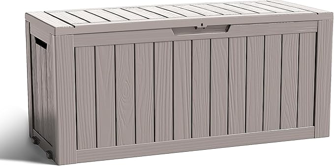 ROJIK Outdoor Storage Housing Deck Box - Waterproof Patio Furniture, Garden Tools, Cushions, Pool Accessories Storage Bench with Lockable Lid and Side Handles (Grey 90 Gal)
