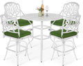 VIVIJASON 5-Piece Patio Swivel Bar Stools Set, All Weather Cast Aluminum Outdoor Bar Height Bistro Set with 4 Cushioned Bar Chairs & 38.5" High Bar Table w/Umbrella Hole for Backyard, Lawn, White