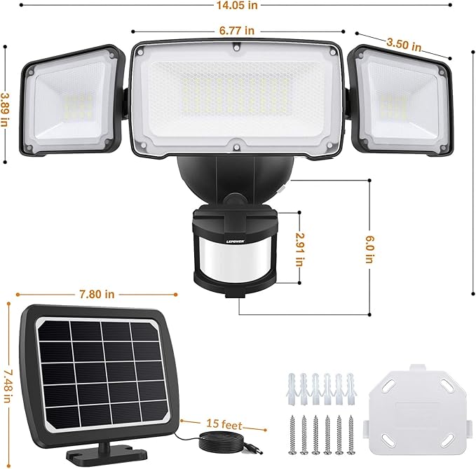 LEPOWER 1600LM LED Solar Security Lights Motion Outdoor, 5500K White Light, IP65 Waterproof Outdoor Flood Solar Light for Yard, Garage（Black）