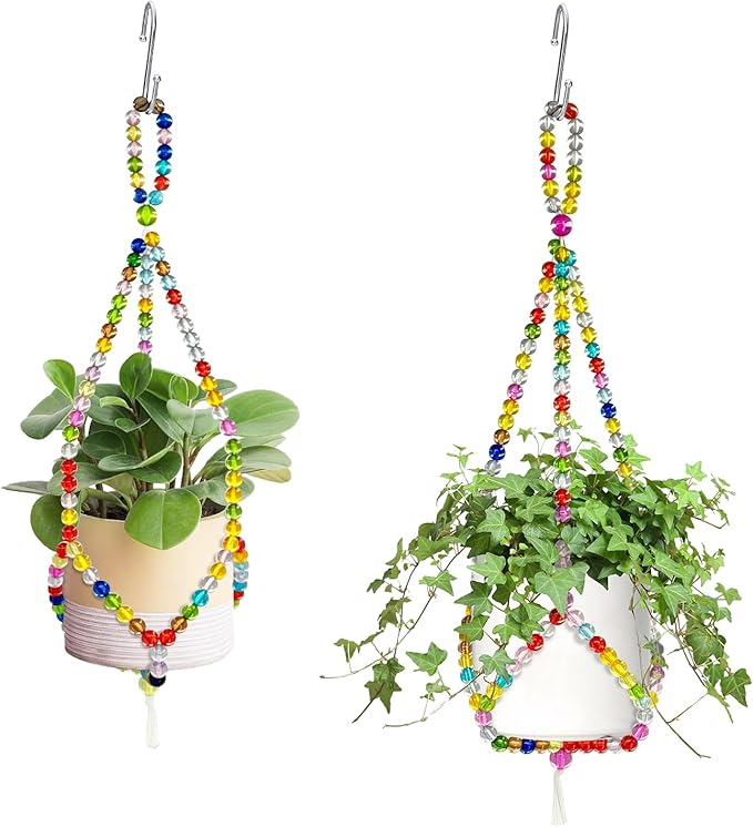 2 Pack Macrame Plant Hangers with 2 Hooks, 17.9inch/16.7inch Handmade Glass Bead Hanging Planter for Indoor Outdoor Bohemian Home Garden Decor