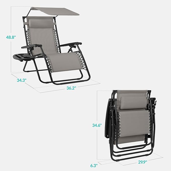 Best Choice Products 30” Wide Folding Zero Gravity Outdoor Recliner Patio Lounge Chair w/Adjustable Canopy Shade, Headrest, Side Accessory Tray - Ice Gray