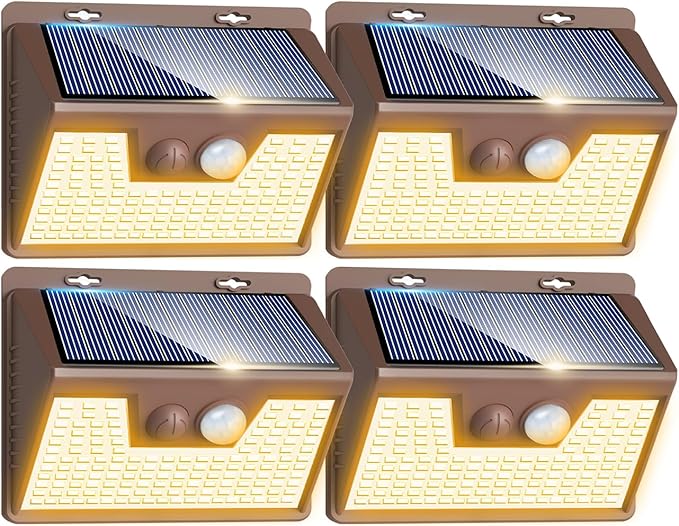 Peasur Solar Lights Outdoor Motion Sensor Waterproof, 4Pack 140LED Brown Solar Powered Fence Light, 3 Modes Security Wall Lights for Garden Yard Outside(Warm White)