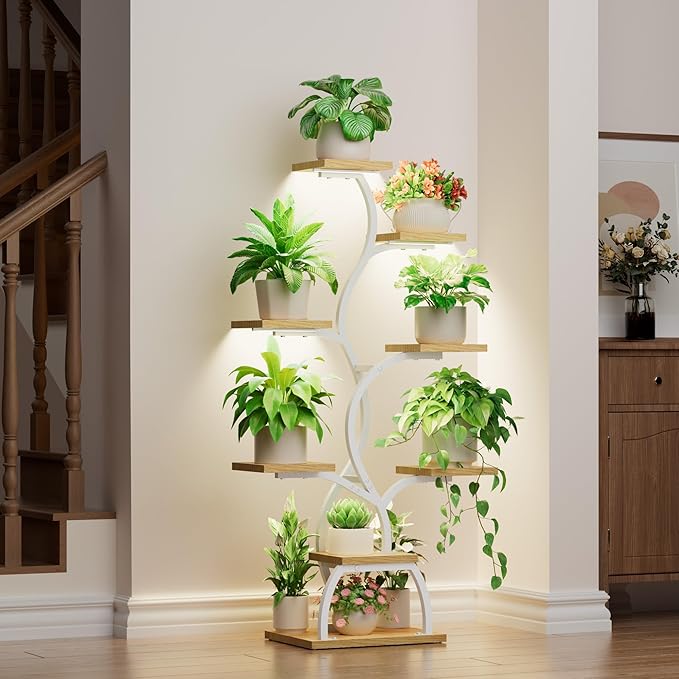 Plant Stand Indoor with Grow Light - 8 Tiered Plant Shelf Indoor, Corner Plant Stand, 49" Tall Plant Shelf with Lights for Indoor Growing, Lighted Flower Holder for Living Room, Balcony (White)