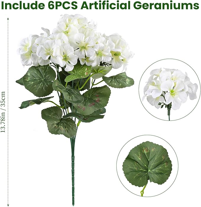 Artificial Geranium Flowers for Outdoors, 6 Bundles Realistic Silk Fake Geranium, No Fade Faux Plants for Hanging Baskets, Window Boxes, Pots - Porch, Patio, Balcony Decor(White)