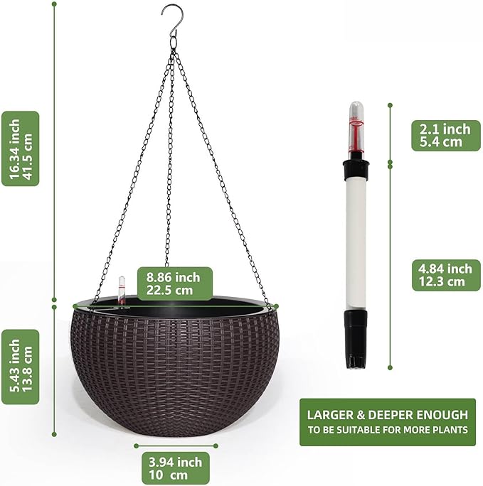 Dexceder 9 Inch Self Watering Hanging Planters Indoor Outdoor, Thickened Hanging Basket Flower Plant Pot with Water Level Indicator (Brown)