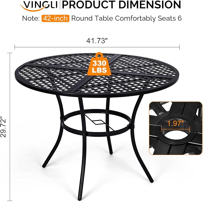 VINGLI 42" Round Outdoor Dining Table - Patio Metal Table with 1.97" Umbrella Hole, Iron Garden Table for Deck Porch Backyard, Black