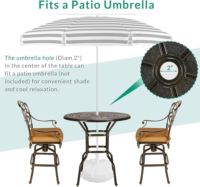 VIVIJASON 3-Piece Patio Swivel Bar Stools Set, All Weather Cast Aluminum Outdoor Bar Height Bistro Set with 2 Cushioned Bar Chairs & 38.5" High Bar Table w/Umbrella Hole for Backyard, Lawn, Garden