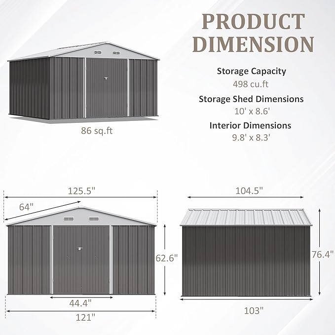 Greesum 10×8FT Outdoor Storage Shed, Metal Patio Storaged Sheds with Lockable Doors, Sheds & Outdoor Storage for Patio, Backyard, Pool and Garden, Gray