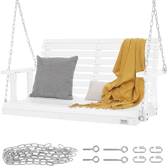 VEVOR Wooden Porch Swing 4 ft, Patio Bench Swing for Courtyard & Garden, Upgraded 880 lbs Strong Load Capacity, Heavy Duty Swing Chair Bench with Hanging Chains for Outdoors, White