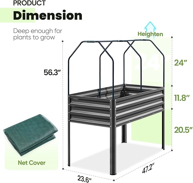 KING BIRD Large Raised Garden Bed with Netting Galvanized Elevated Planter Box with Legs 48×24×56 in for Backyard, Patio, Balcony, 400lb Capacity, Dark Grey