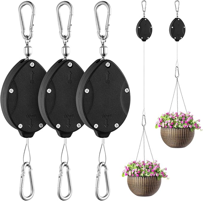 3 Pack Heavy Duty Retractable Plant Hangers Adjustable Pulleys with 63" Pull-Down Design Stainless Steel Rope Double-Headed Hooks for Hanging Baskets Bird Feeders Planters and Pots Supports up to 45lb