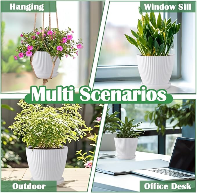 7.5/6.5/5.5/4.9/4.2/3.5 Inch Plant Pots with Drainage Holes and Saucer, Plastic Flower Pots for Indoor Plants, Lightweight Planter Pots for Plants, White