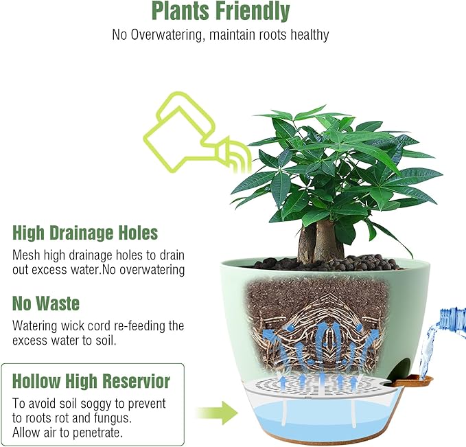 12inch 2Pack Large Self Watering Planters, Plastic Plant Pots with 60oZ Removable Deep Reservoir and Multi Mesh Drainage Holes for Indoor Outdoor Garden Plants and Flowers, Green with Brown