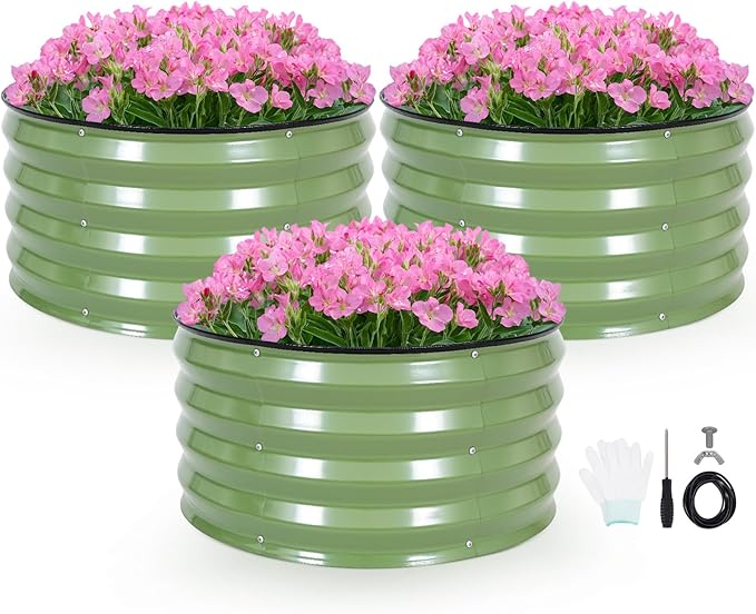 INNO STAG 3 Pcs Round Galvanized Raised Garden Bed — 2×2×1ft Planter Box Outdoor Raised Beds Kit for Gardening Vegetables, Fruits, Herbs, and Flowers, Olive Green