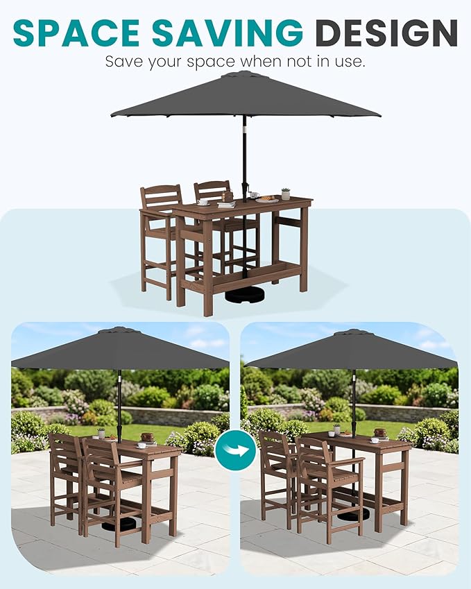 SERWALL Outdoor Bar Set with 9ft Umbrella, All-Weather HDPE Patio Bar Chairs and Table, Outdoor Furniture Set for Poolside, Backyard, Garden - Brown