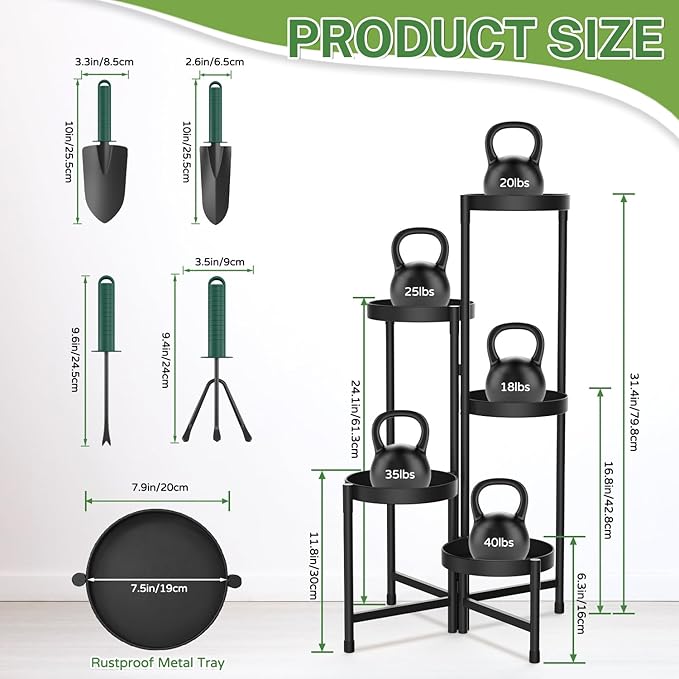 iDavosic.ly Plant Stand with Garden Tools, 5 Tier Corner Metal Flower Display Holder Shelf Indoor Outdoor, Easy Assembly Folding Tall Orchid Rack for Patio Balcony Porch Living Room House, Black