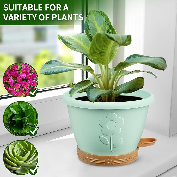 Plant Pots, Flower Pots for Indoor/Outdoor Plants, Self Watering Plastic Planters Pots with Drainage Holes, Saucer & Reservoir, Decorative Nursery Planting Pots(10 Inch Set of 4)