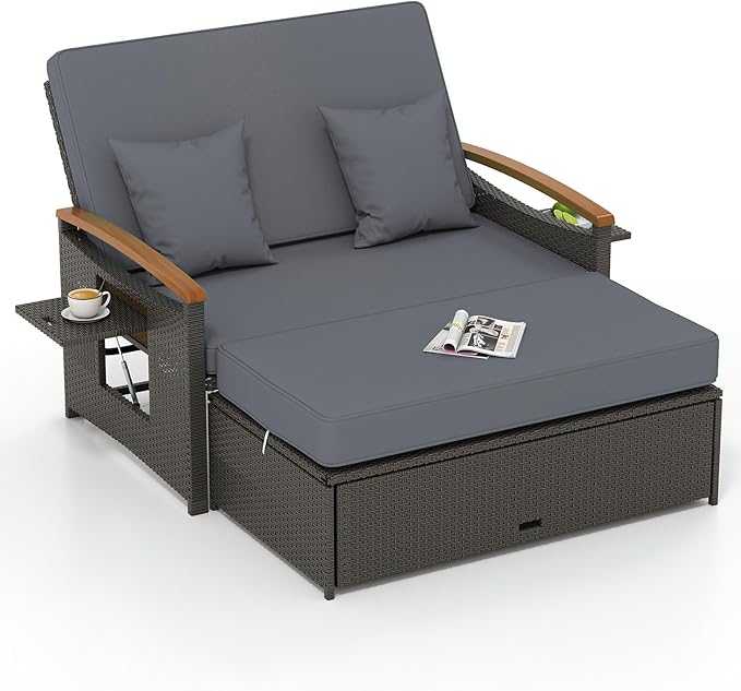 Tangkula Patio Rattan Daybed with 4-Level Adjustable Backrest, Outdoor Wicker Loveseat with Acacia Wood Armrest, Storage Ottoman & Folding Tray, Double Sunbed for Lawn Yard & Poolside, Grey & Brown