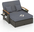 Tangkula Patio Rattan Daybed with 4-Level Adjustable Backrest, Outdoor Wicker Loveseat with Acacia Wood Armrest, Storage Ottoman & Folding Tray, Double Sunbed for Lawn Yard & Poolside, Grey & Brown