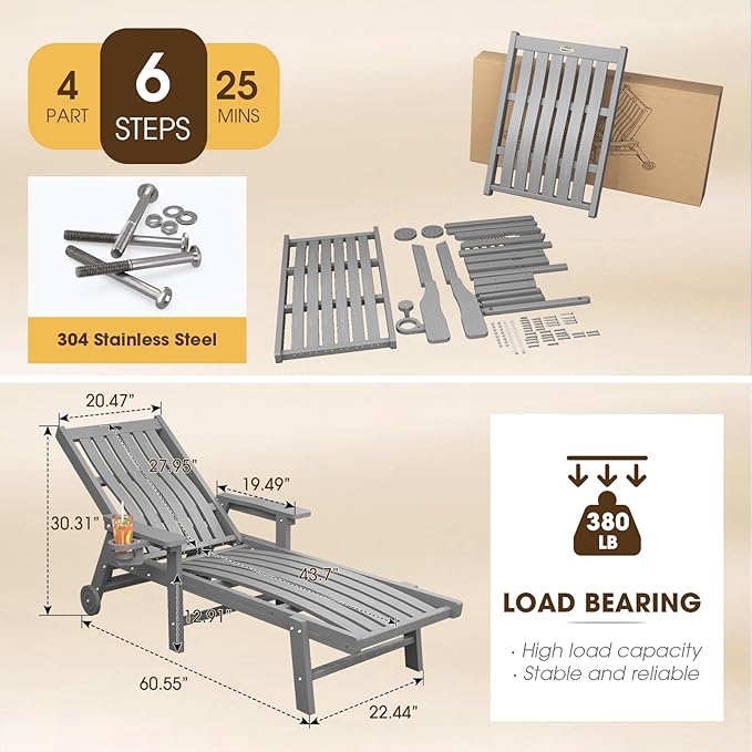 Patio Chaise Lounge Chair Set of 4, Oversized Lounge Chair Outdoor with 5 Positions, HDPE, Patio Lounge Chair with Wheels & Cup Holder for Pool, Deck, Poolside,Grey