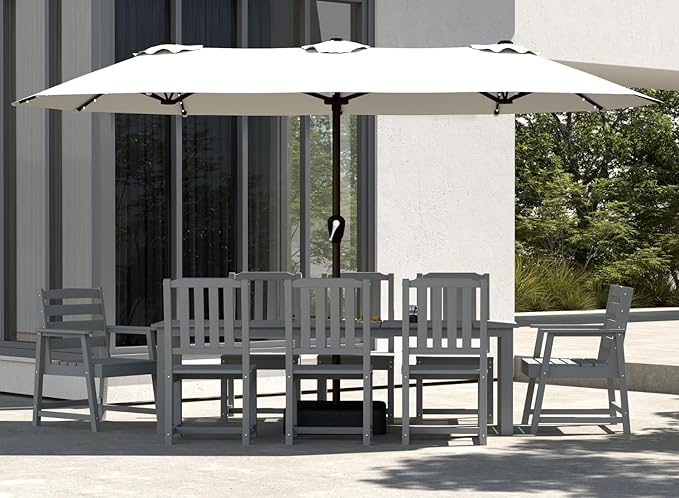 9-Piece Grey Outdoor Dining Set with White 15FT Large Patio Umbrella, 75.2'' HDPE Table & Chairs for 8, Weather-Resistant Furniture with Umbrella Hole for Patio, Lawn, Poolside