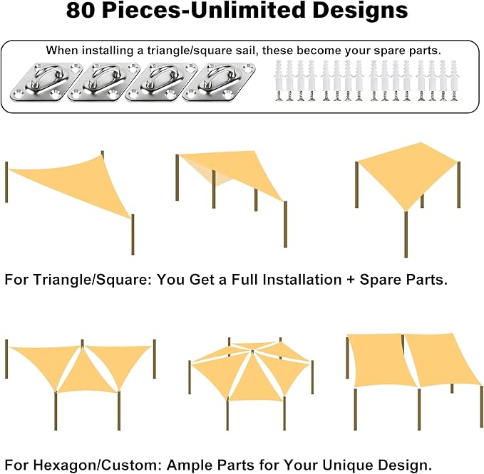 yofit Shade Sail Hardware Kit 5 inch for Triangle Rectangle Sun Shade Sail Installation, 304 Grade Stainless for Garden Outdoors, 80 Pcs