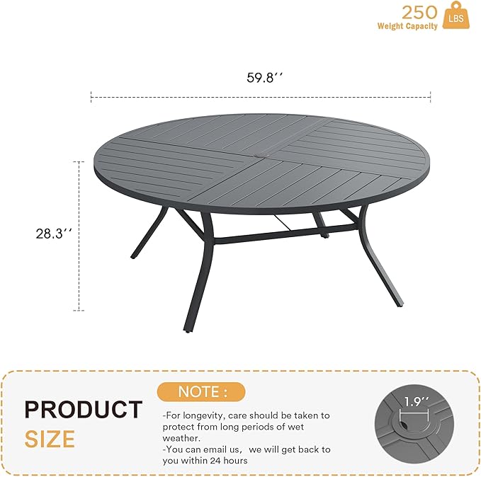 VICLLAX Round Patio Table with Adjustable Umbrella Hole for 8, All Weather Metal Outdoor Dining Table for Lawn Garden, 59.8" Outdoor Coffee Table, Grey Tabletop