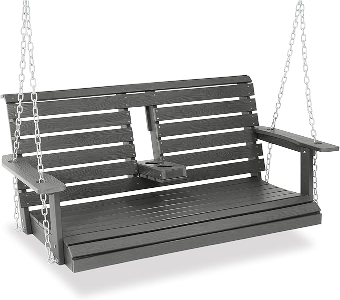 Poly Lumber 2-Seat Porch Swing, HIPS 4.5-Feet Bench Swing with Foldable Cup Holders,18/8 Stainless Steel Hardware, High Backrest and Deep Contoured Seat (Deep Gray, 4.5-feet)